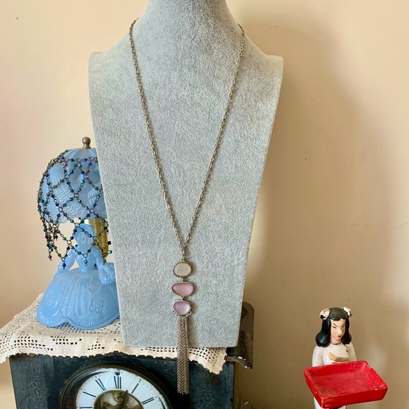 Nice Long Silver Tone Necklace Frosted Stones - Picture 5 of 10